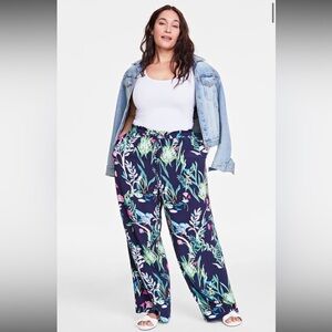 ON 34th Trendy Plus Tropical Print Wide-Leg Pull-On Pants Floral 1X 100% Viscose
